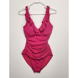 Lauren Ralph Lauren Women's Beach Club Solid Ruffle Pink Swimsuit Size 8